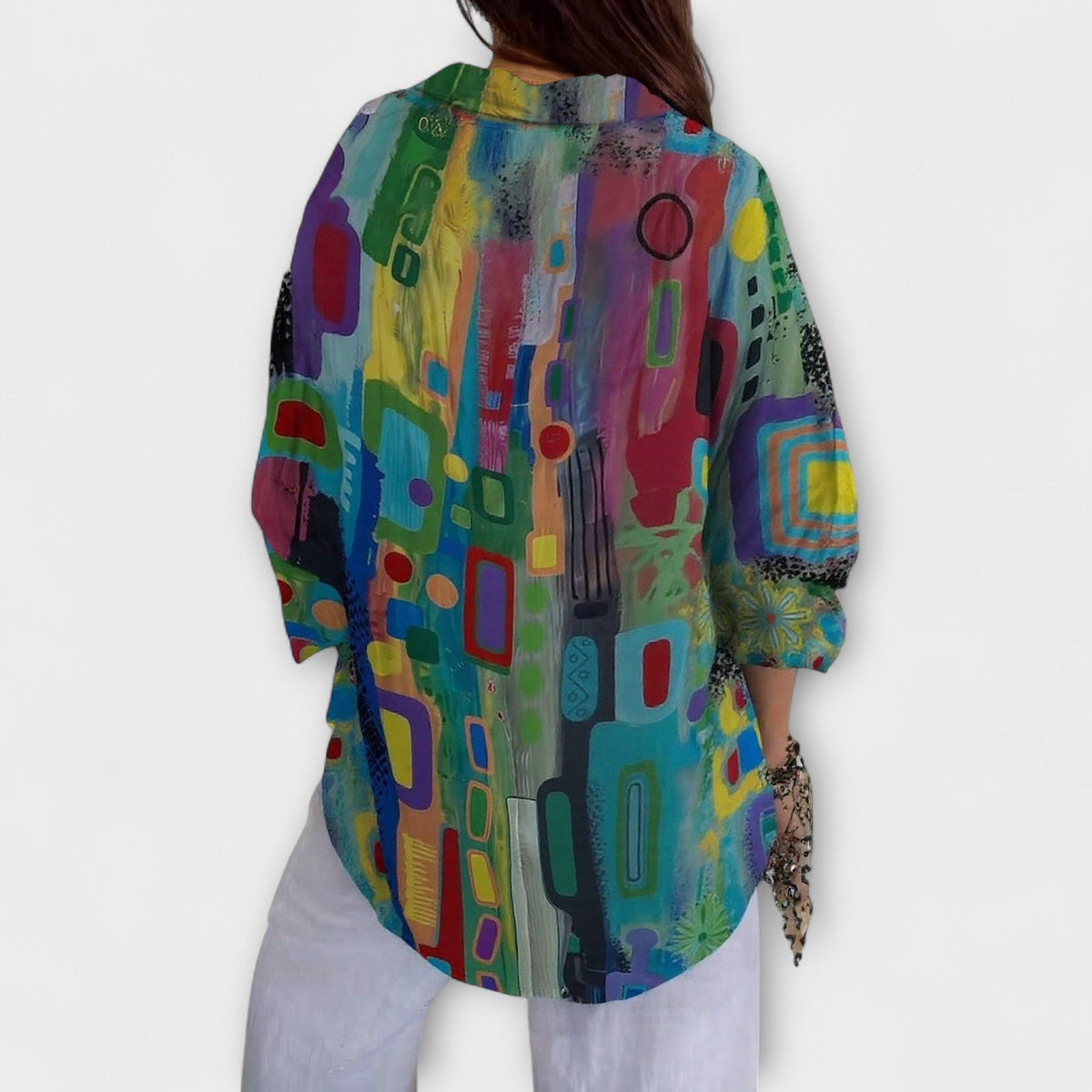 Abstract Geometric Button-Front Blouse
