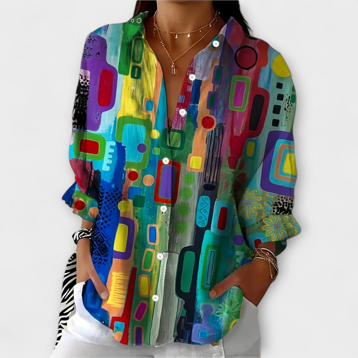 Abstract Geometric Button-Front Blouse
