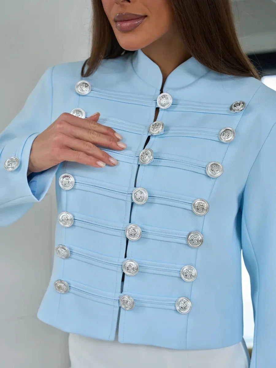Silver Button Cropped Military Jacket