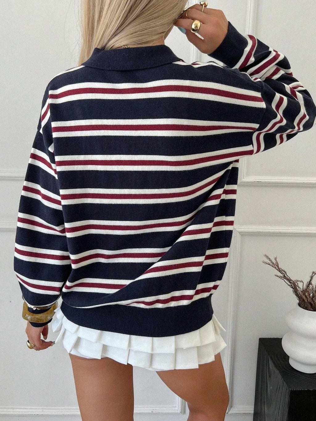 Striped Polo Collar Knit Sweater