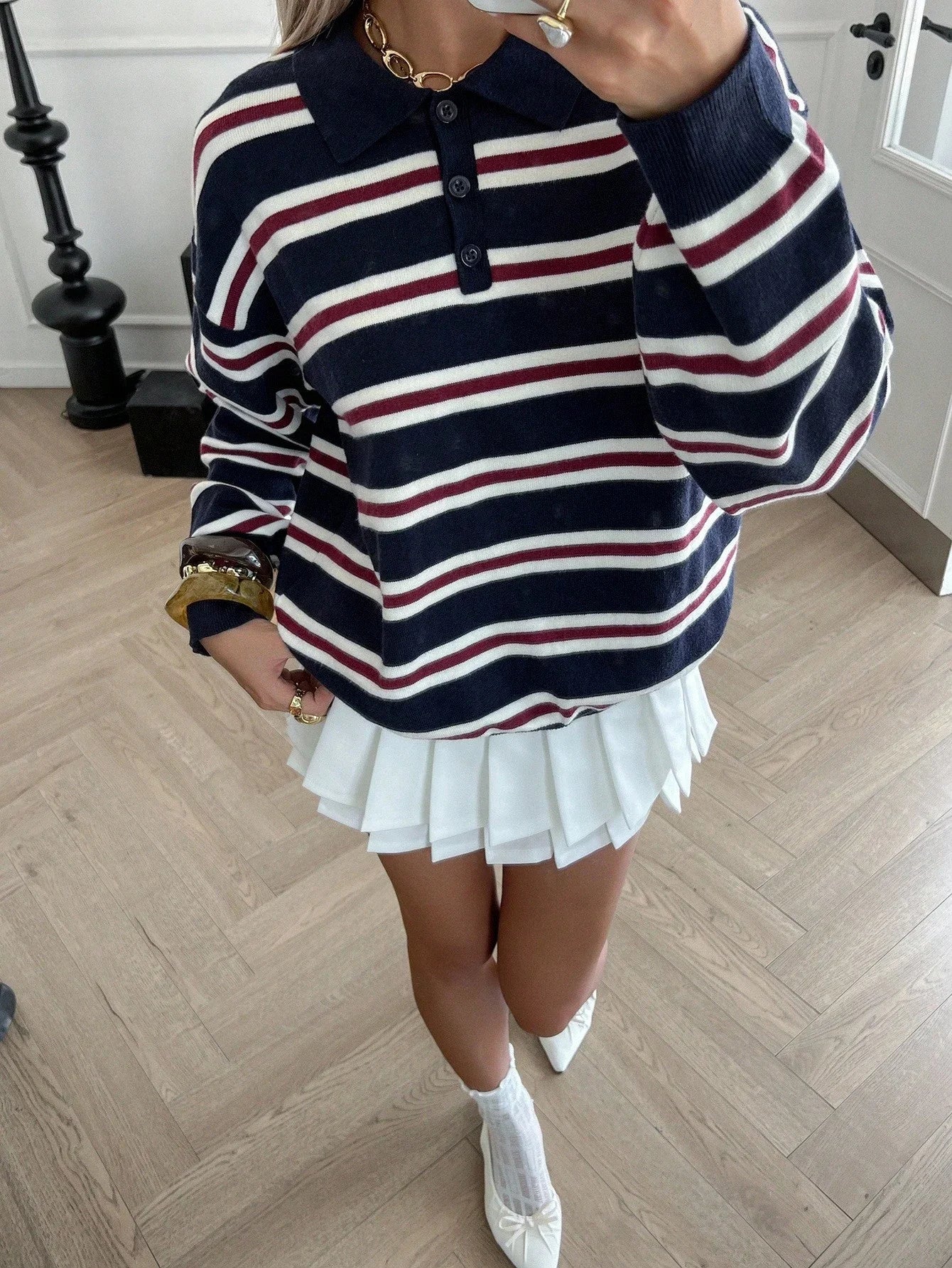 Striped Polo Collar Knit Sweater