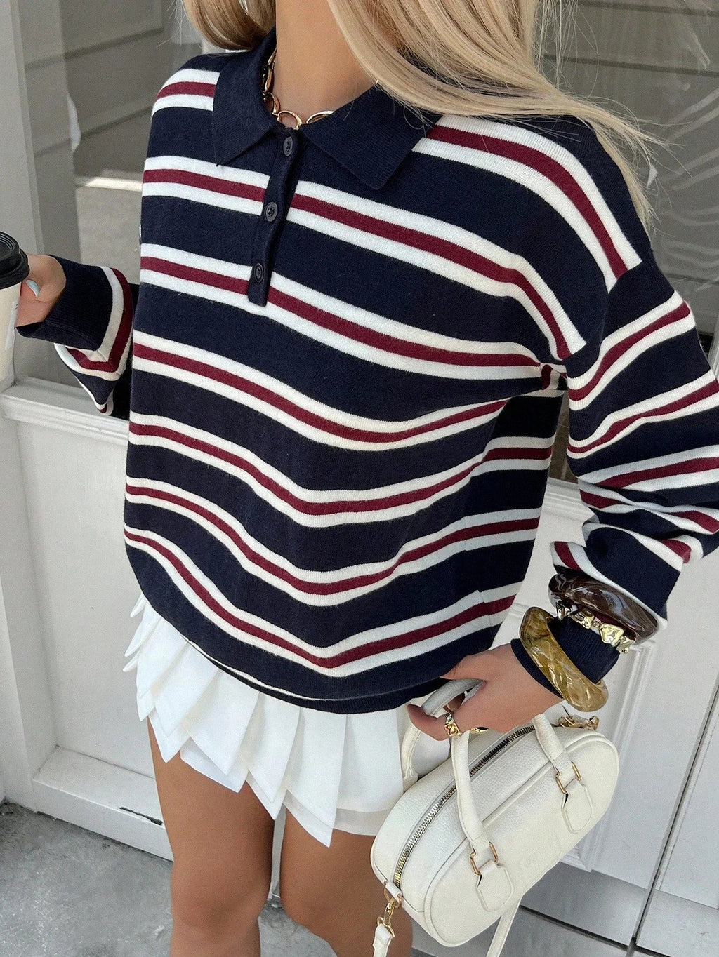 Striped Polo Collar Knit Sweater