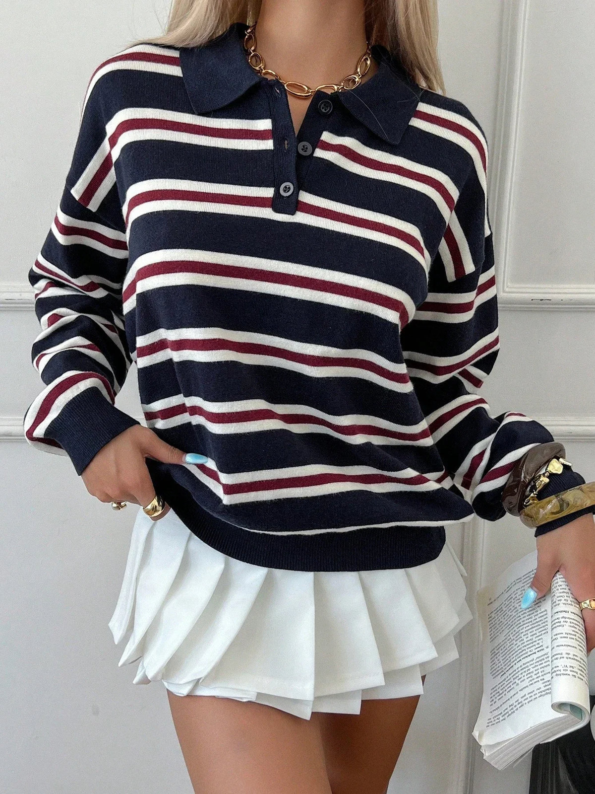 Striped Polo Collar Knit Sweater