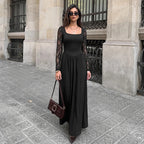 Black Square Neck Sheer Lace Sleeve Maxi Dress