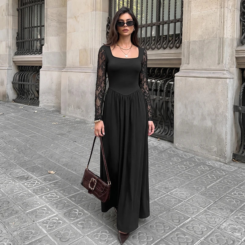 Black Square Neck Sheer Lace Sleeve Maxi Dress