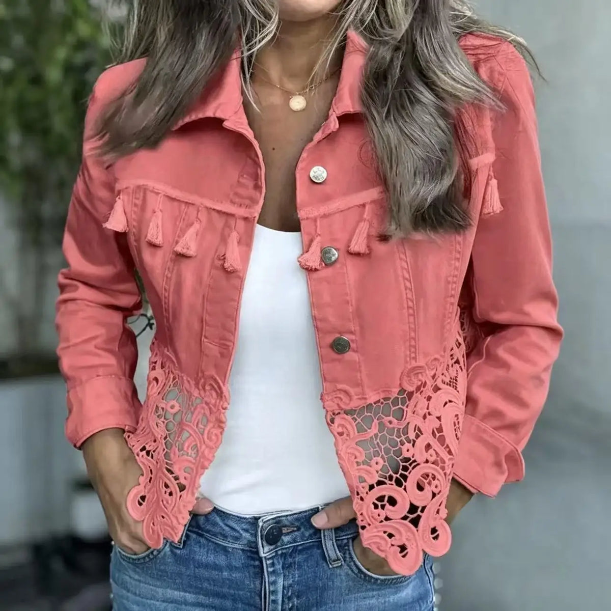 Lace Panel Denim-Look Jacket