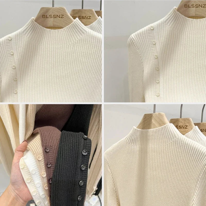 Ribbed Shoulder Button Turtleneck Sweater
