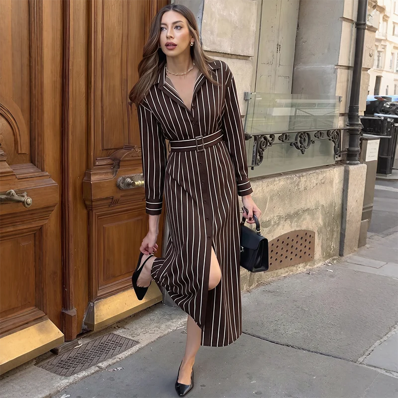 Belted Striped Shirt Midi Dress