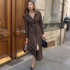 Belted Striped Shirt Midi Dress
