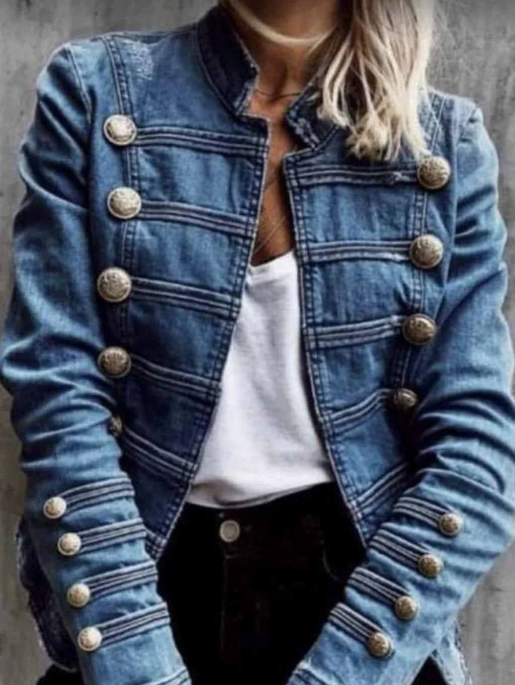 Vintage-Inspired Denim-Look Military Jacket