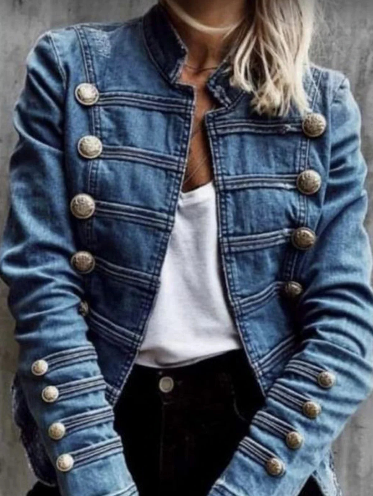 Vintage-Inspired Denim-Look Military Jacket