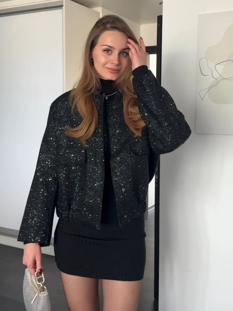 Sequin Stand Collar Bomber Jacket