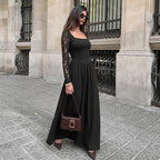 Black Square Neck Sheer Lace Sleeve Maxi Dress