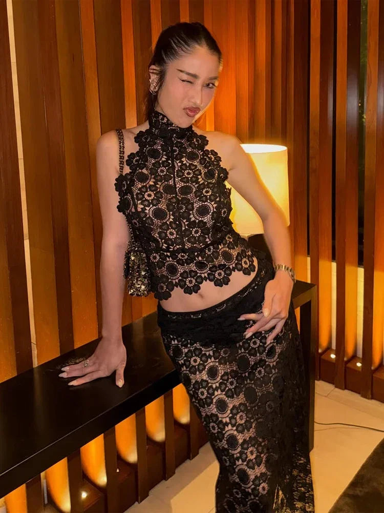 Floral Lace Halter Skirt Set