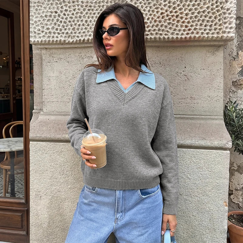 Layered Collar V-Neck Knit Pullover