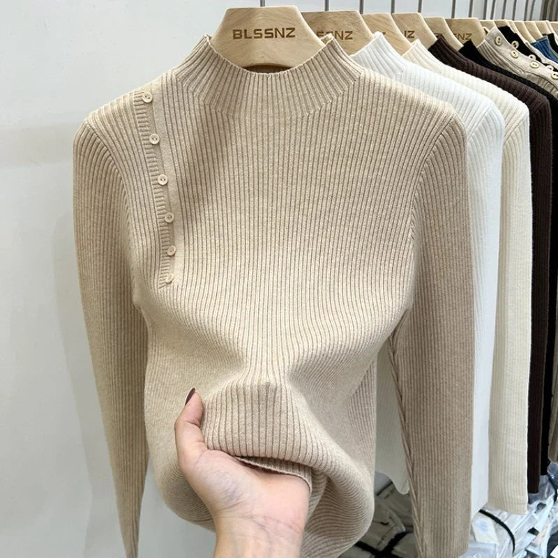 Ribbed Shoulder Button Turtleneck Sweater