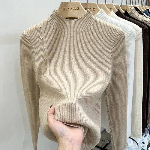 Ribbed Shoulder Button Turtleneck Sweater