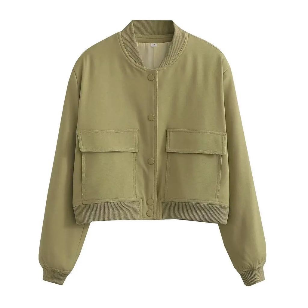 Cropped Ribbed Collar Bomber Jacket