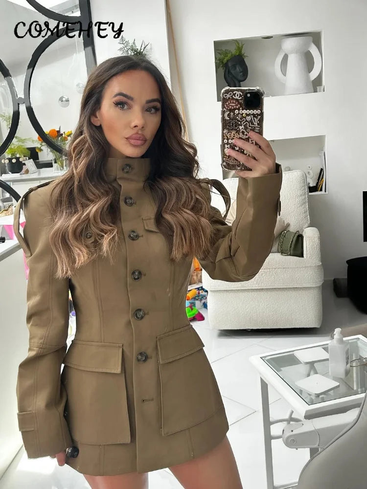 Khaki Stand Collar Utility Jacket