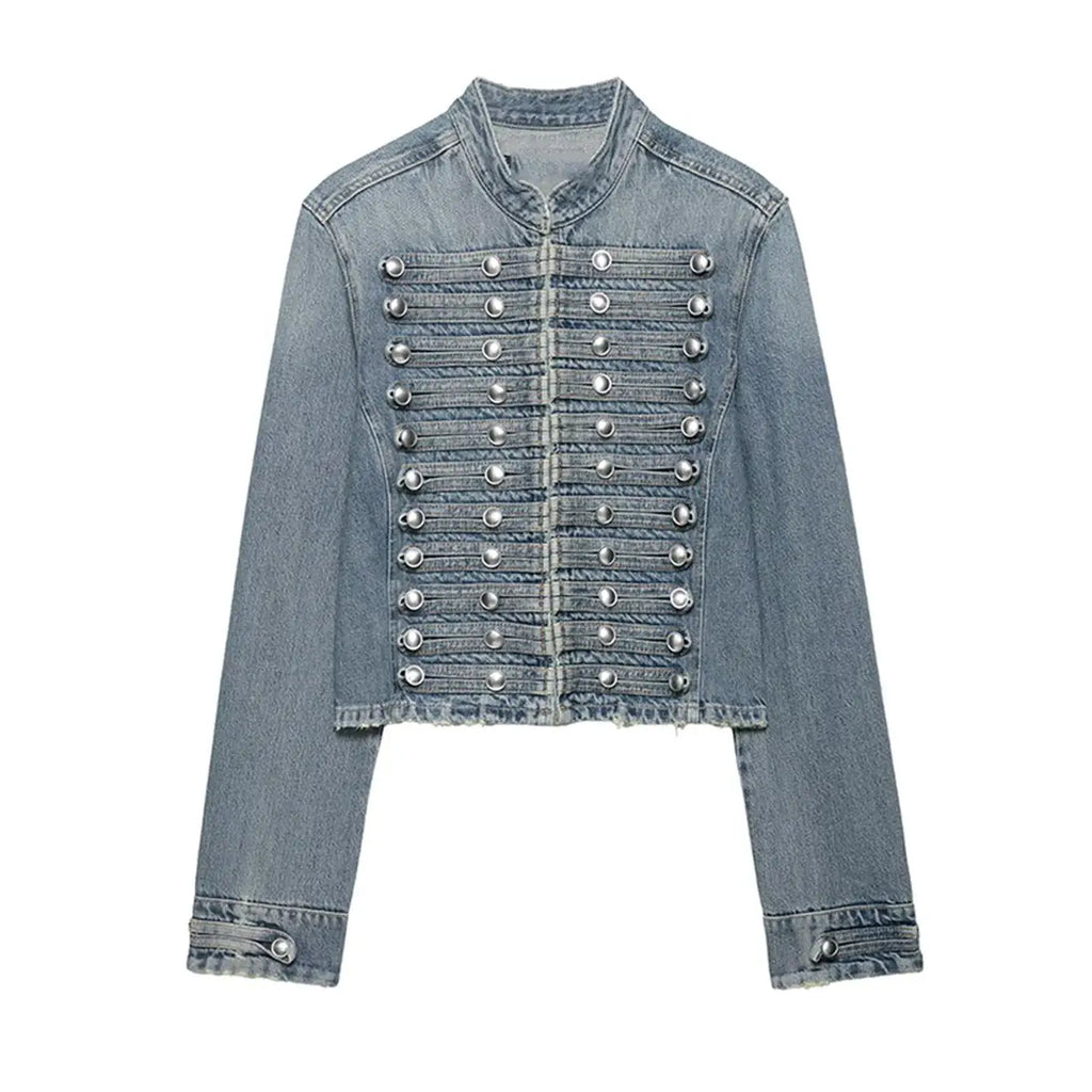 Cropped Denim Jacket with Metallic Buttons
