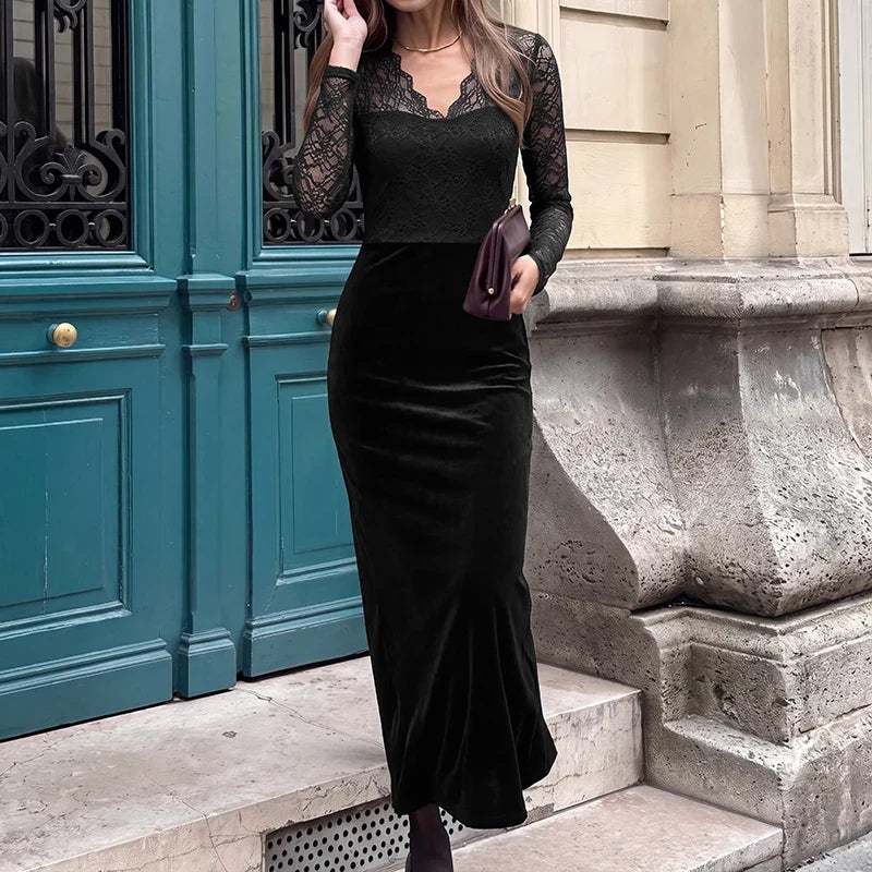 Black Lace-Panel Evening Maxi Dress