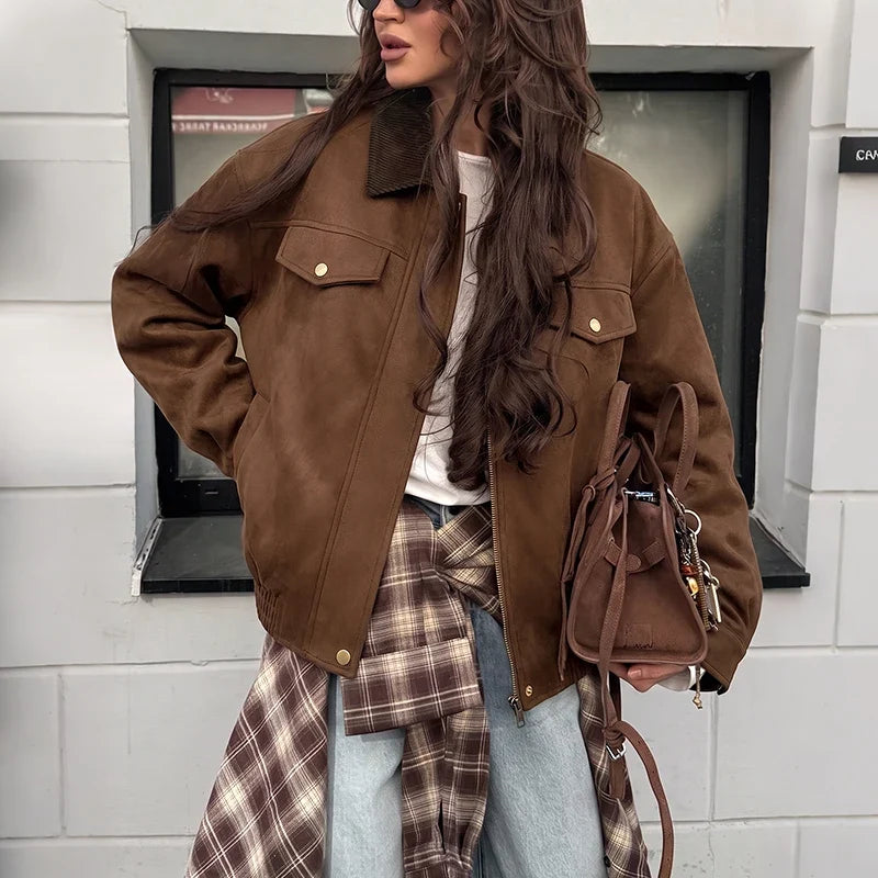 Retro Suede-Look Bomber Jacket