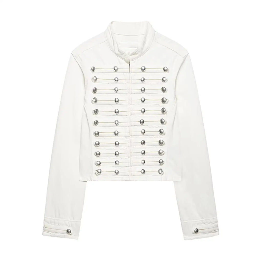 Cropped Denim Jacket with Metallic Buttons