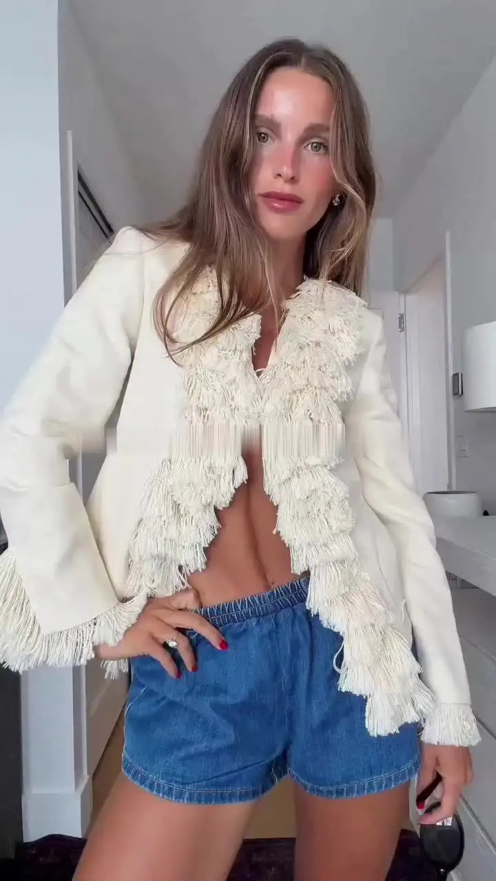 Fringe Trim V-Neck Blazer