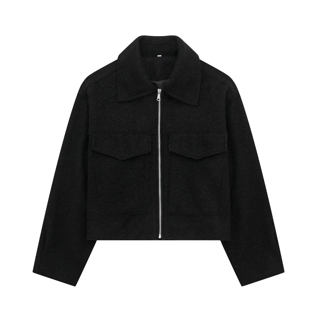 Textured Cropped Zip Jacket with Flap Pockets