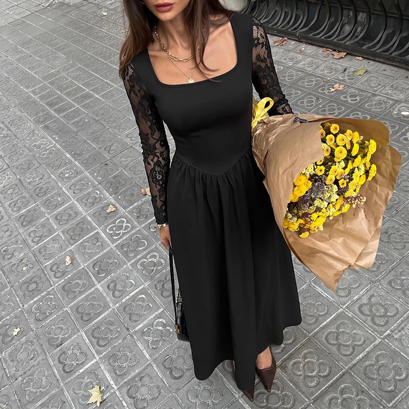 Black Square Neck Sheer Lace Sleeve Maxi Dress