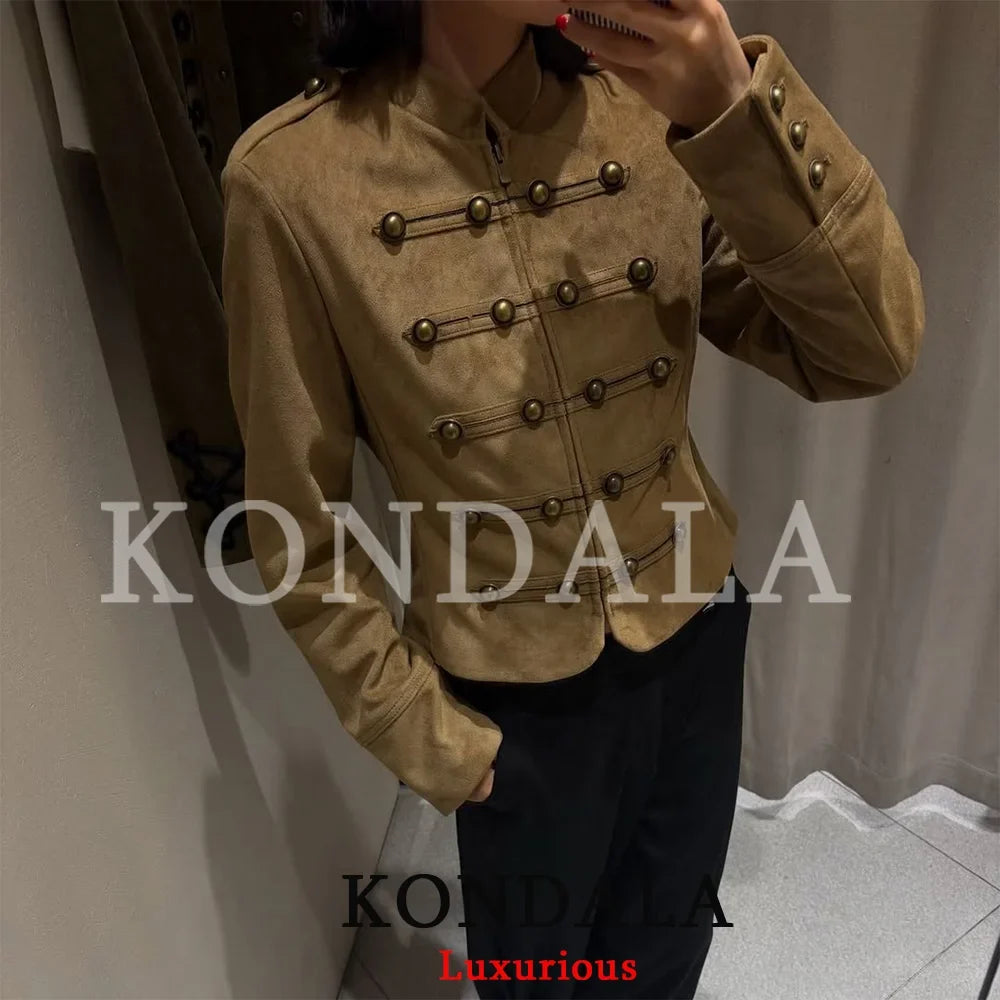 Khaki Suede-Like Military Cropped Jacket