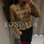 Khaki Suede-Like Military Cropped Jacket