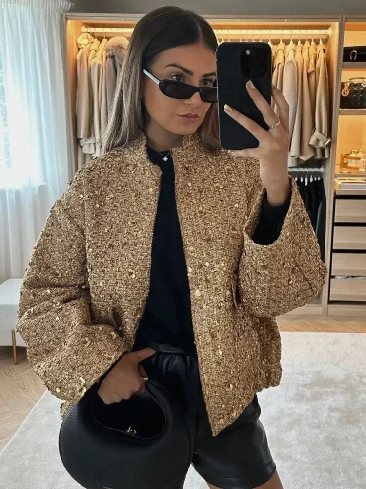 Sequin Stand Collar Bomber Jacket