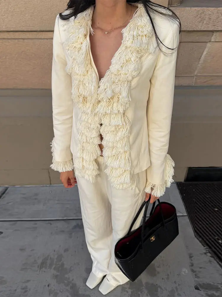 Fringe Trim V-Neck Blazer