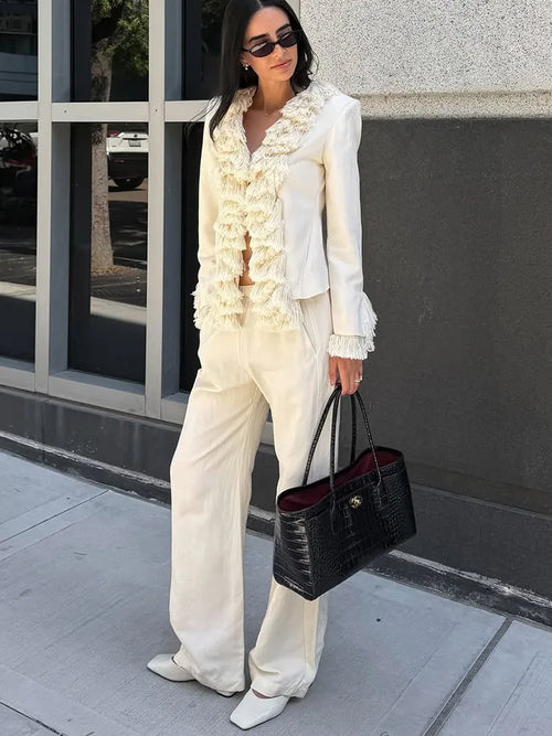 Fringe Trim V-Neck Blazer