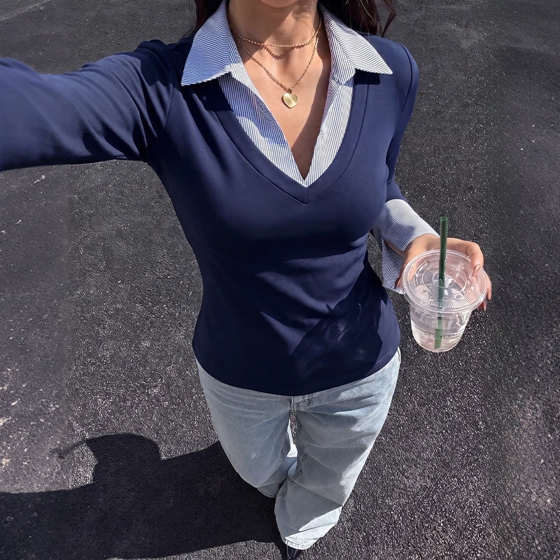 Striped Collar Layered Blouse