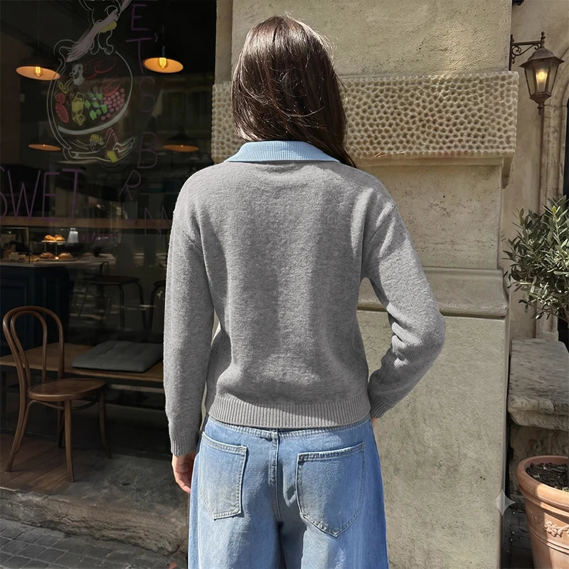 Layered Collar V-Neck Knit Pullover