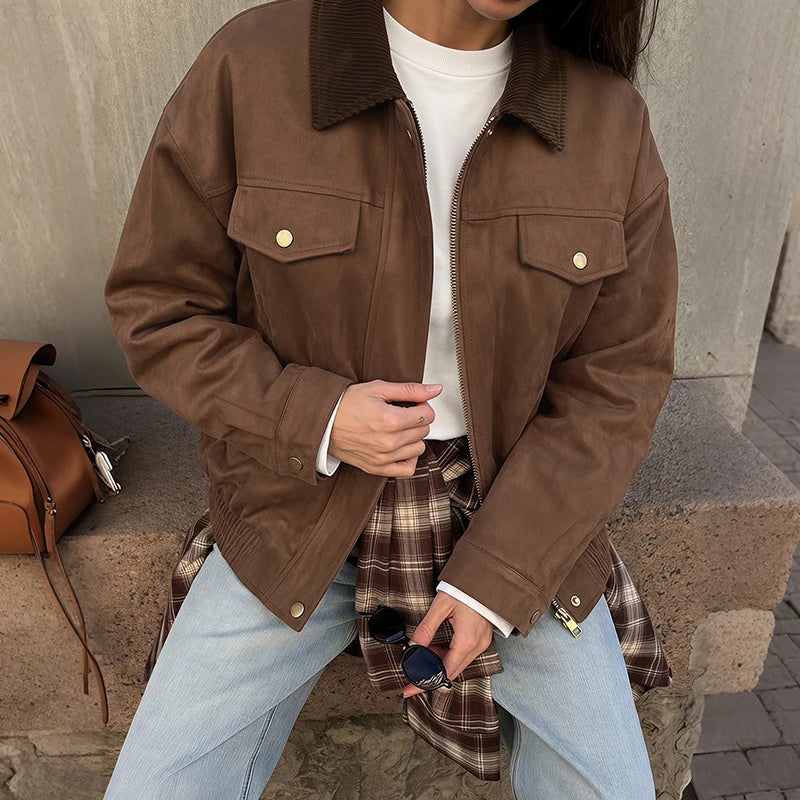 Retro Suede-Look Bomber Jacket