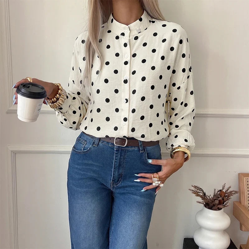 Ivory Polka Dot Stand Collar Blouse