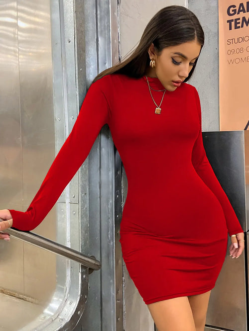 Ruched Turtleneck Bodycon Mini Dress