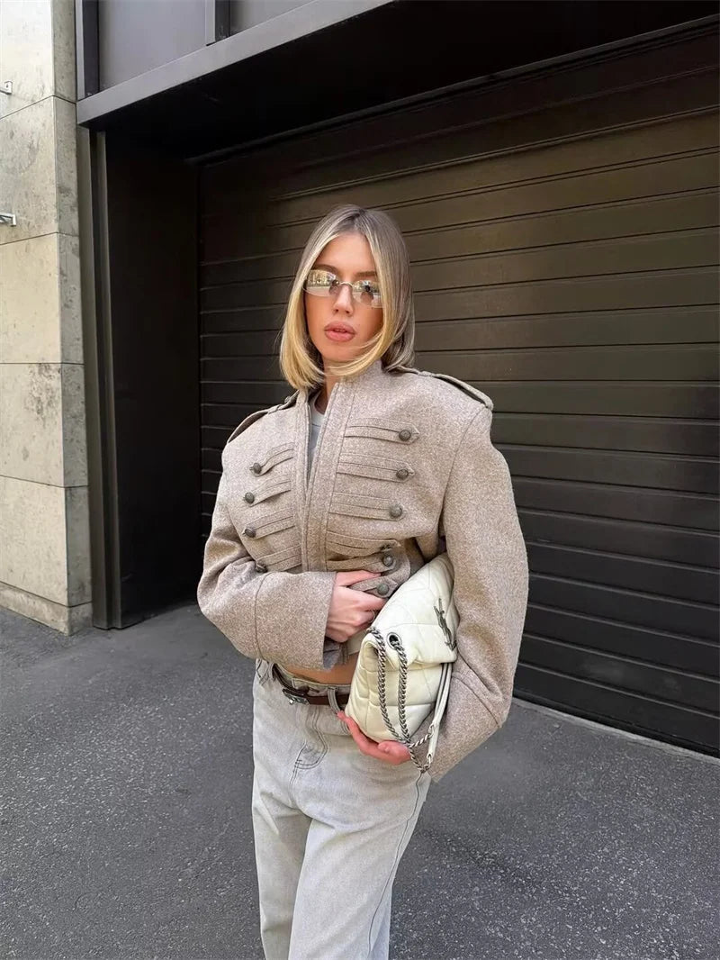 Taupe Military-Inspired Cropped Jacket