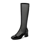 Mesh Knee-High Block Heel Boots