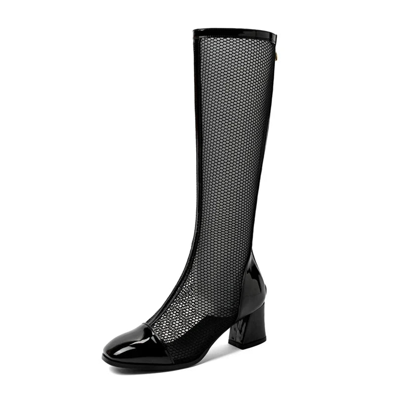 Mesh Knee-High Block Heel Boots