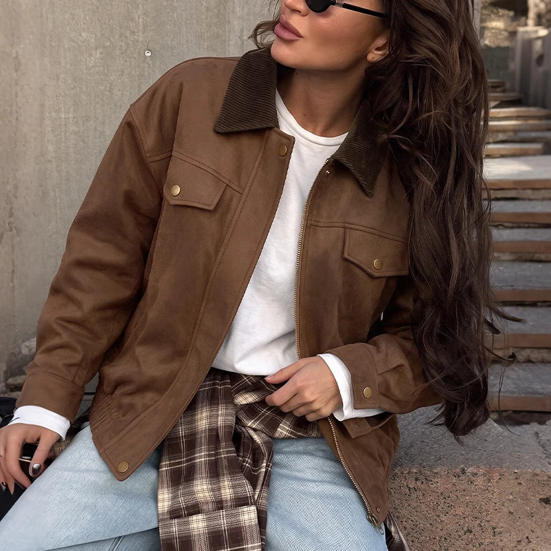 Retro Suede-Look Bomber Jacket