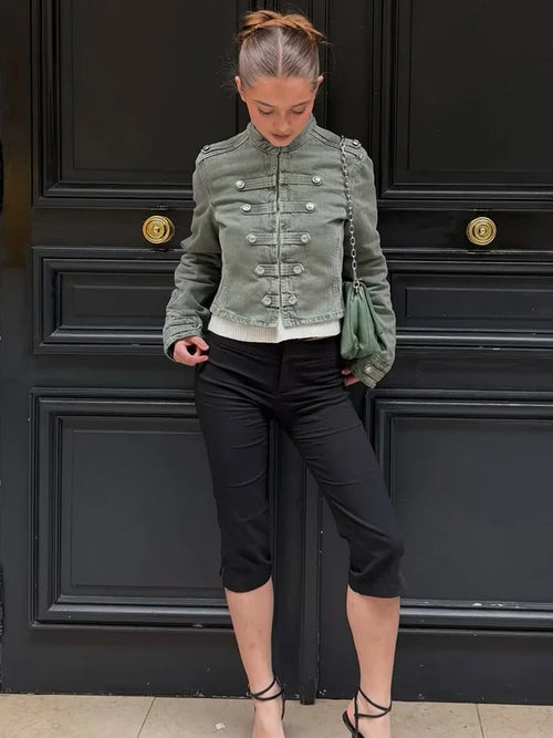 Cropped Military-Inspired Button Jacket