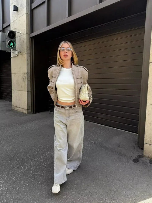 Taupe Military-Inspired Cropped Jacket