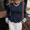 Striped Cuff Pleated Peplum Top