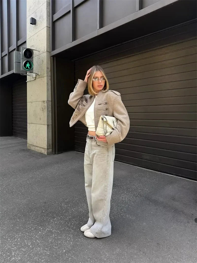 Taupe Military-Inspired Cropped Jacket