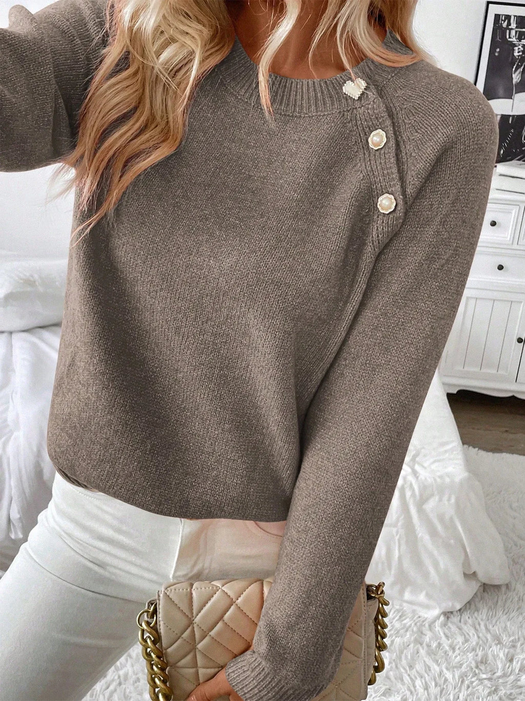 Diagonal Shoulder Button Knit Sweater