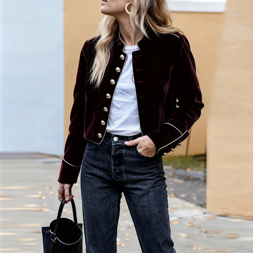 Wine Red Velvet Military-Inspired Jacket